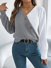 Women Casual V-neck Button Color Block Lantern Sleeve Pullover Sweater