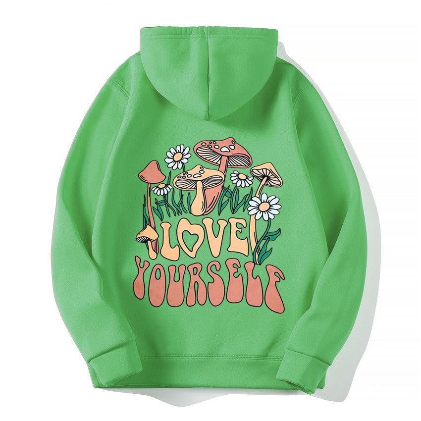 Plus Size Cute Mushroom Slogan Cozy Pullover Hoodie