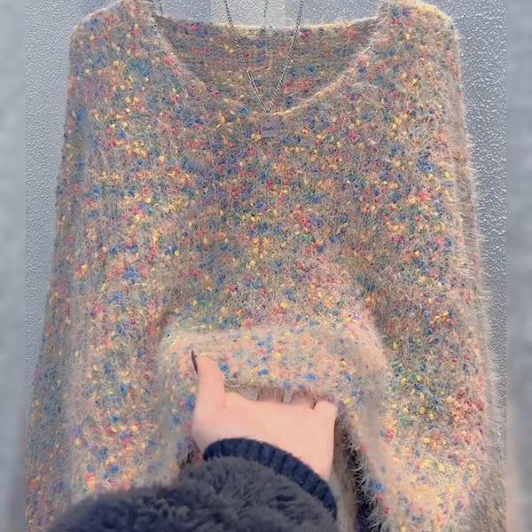 Women's V-neck Pullover Short Colorful Polka Dot Sweater