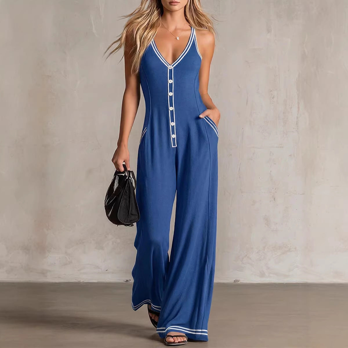 Chic V-Neck Backless Wide-Leg Casual Jumpsuit