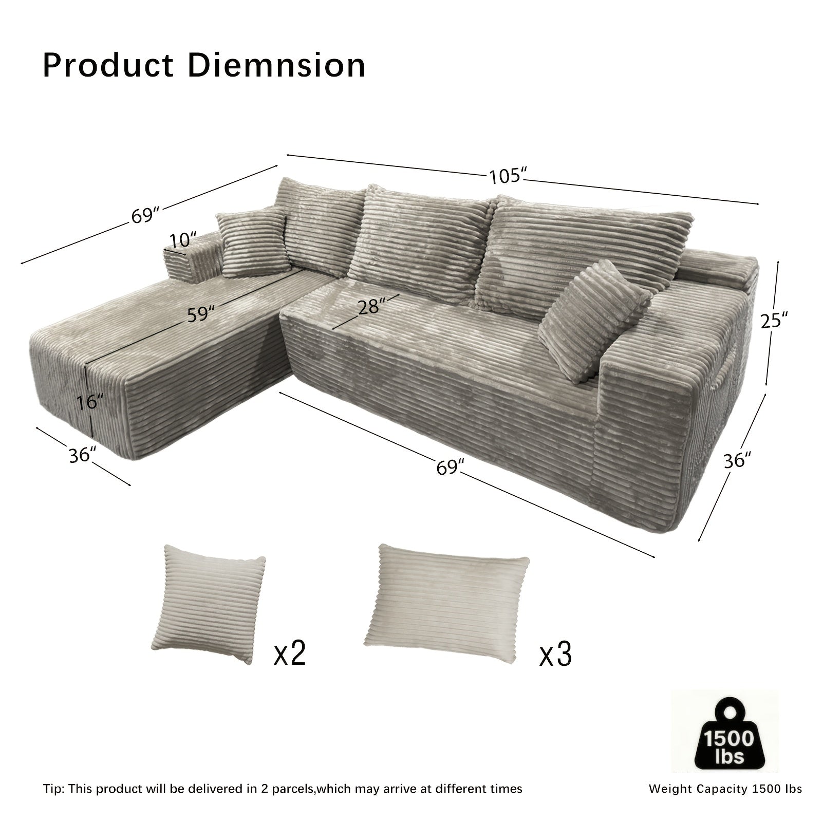 Modular L-shaped chaise longue sofa bed with deep seat and corduroy upholstery