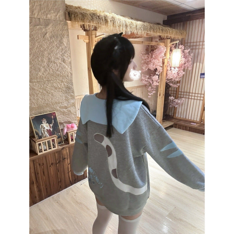 Cute Embroidered Cloud Cat Navy Collar Long Sleeve Sweater