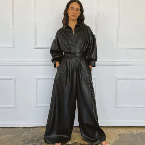 Black PU Retro Loose Leather Pocket Jumpsuit