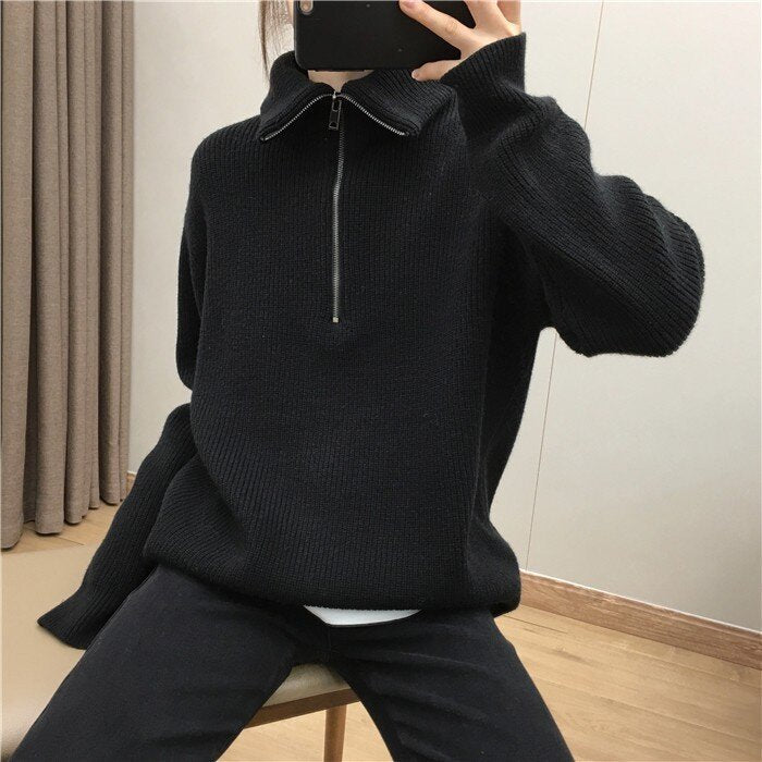 Women's Elegant Lapel Zipper Pullover Sweater