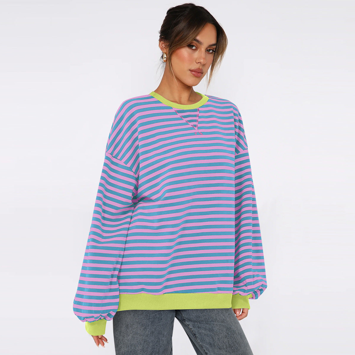 Chic Striped Bishop Sleeve Sweater for Women