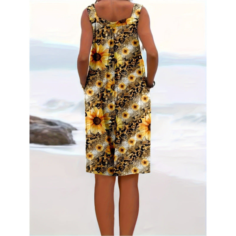 Sunflower Print Sleeveless Boho Jumpsuit