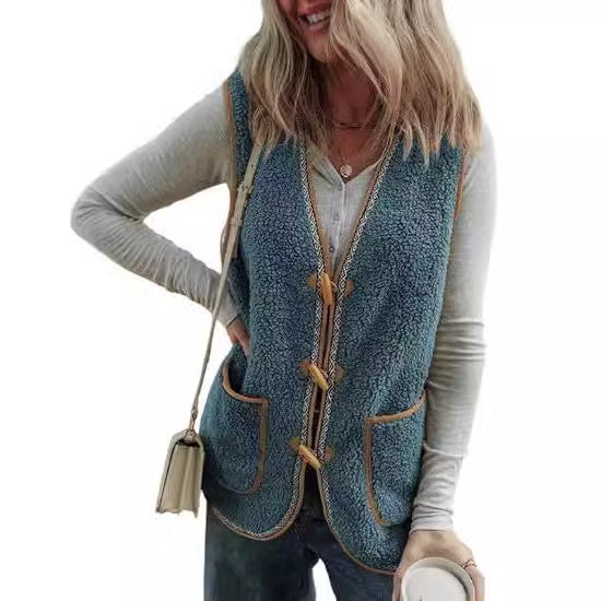 Cozy Contrast Color Sleeveless Cardigan Vest