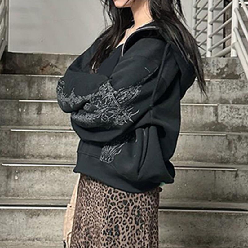 Dark Y2K Zip-Up Hoodie Streetwear Abstract Print