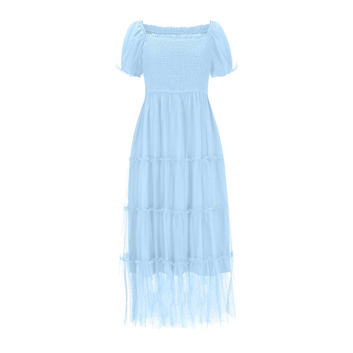Square-neck Ruffled Casual Sheer Long Dress