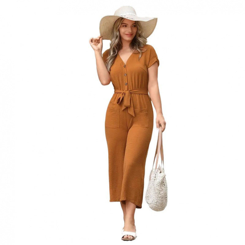 V-neck Fashionable Short-sleeve Belted Jumpsuit