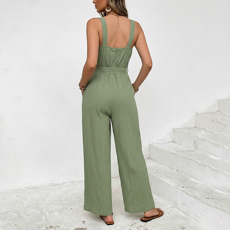 Solid-color Casual Sleeveless Strap Jumpsuit
