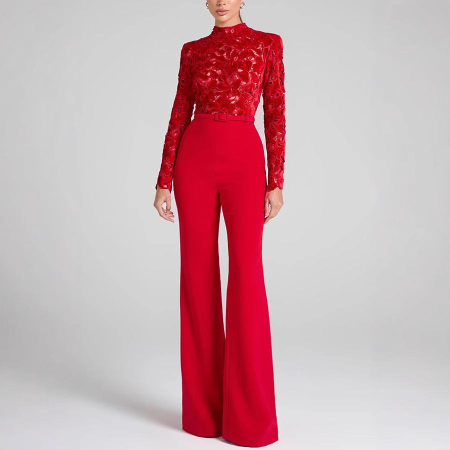 Long-sleeve Belted Jumpsuit With Flared Pants
