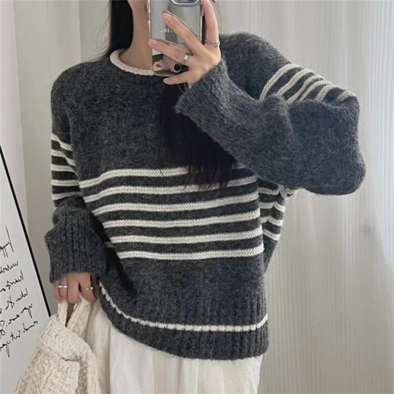 Autumn and Winter Korean Retro Contrast Color Stripes Idle Style Crew Neck Pullover Sweater