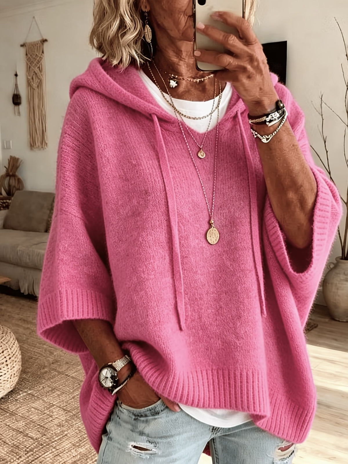 Womens Knitted New-style Hooded Drawstring Sweater