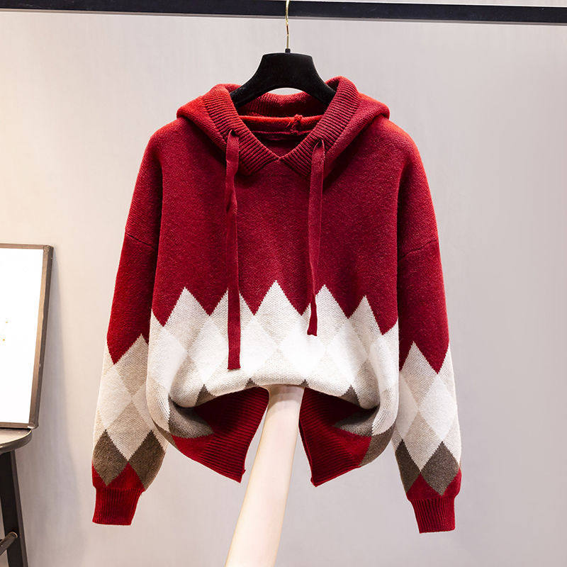 European and American-style Hooded Sweater Loose-fit Diamond-patterned Base Knit Top