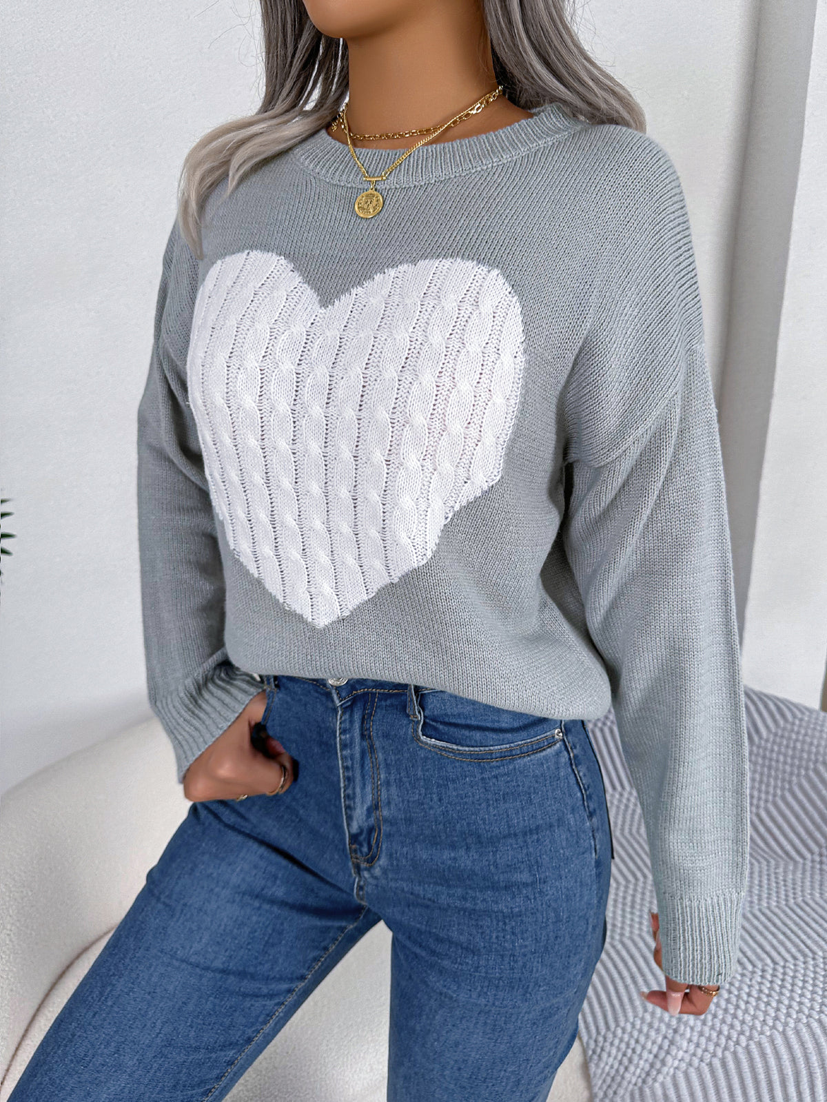 Women Cable Knit Heart Long Sleeve Pullover Sweater