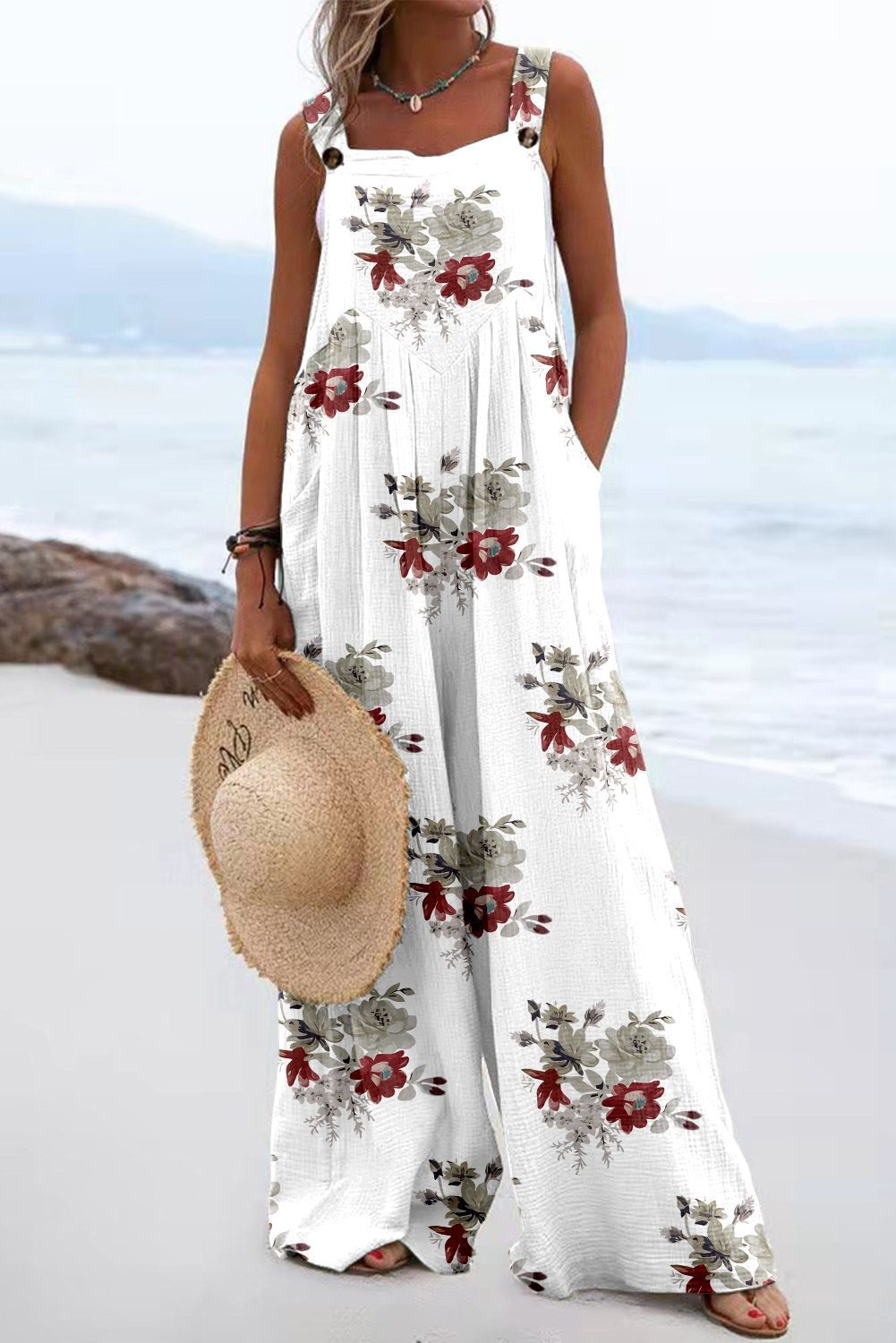 Chic Digital Print Button Romper with Wide Legs