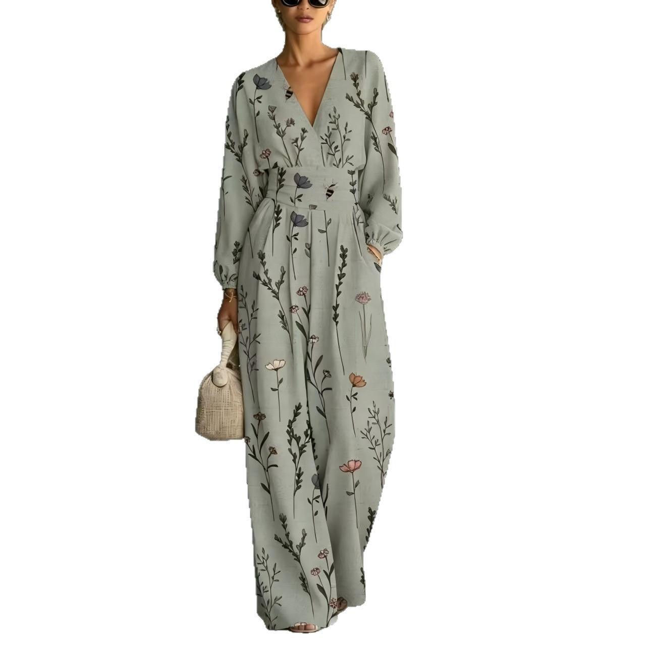 V-neck Long-sleeve Womens Printed Jumpsuit