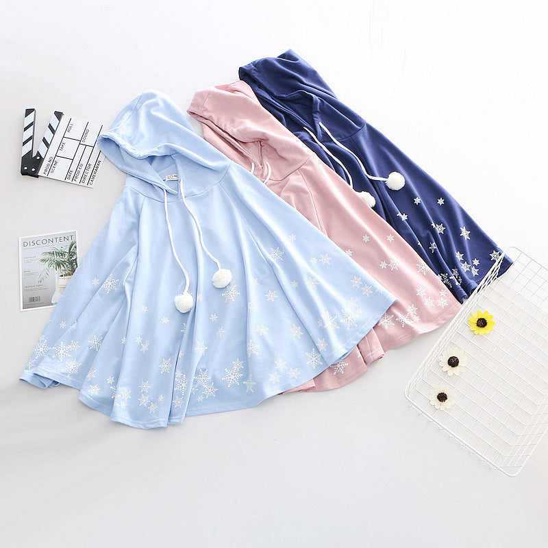 Cute Snowflake Print Hoodie Sweet Japanese College Pullover