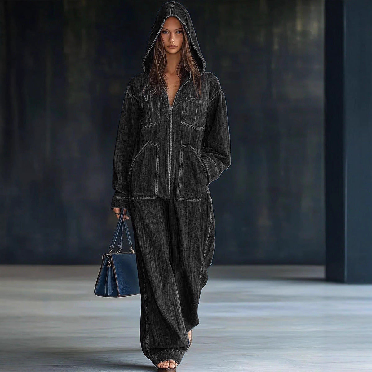 Women's Hooded Denim Overalls Casual Jumpsuit