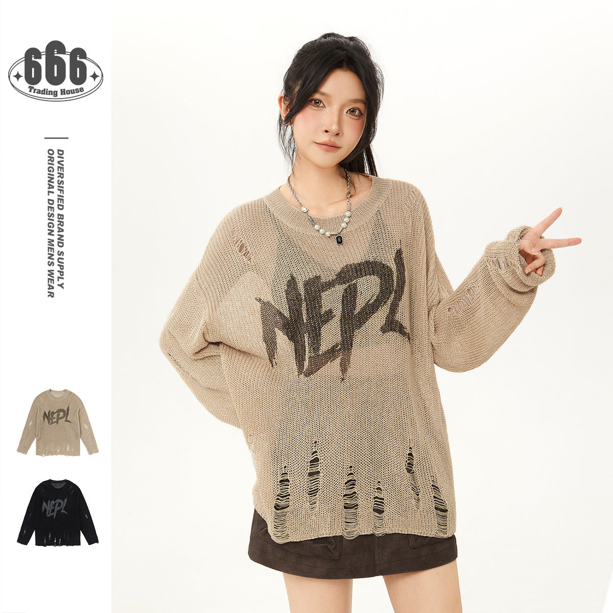 Retro Distressed Knit Top Casual Loose Long-Sleeve T-Shirt