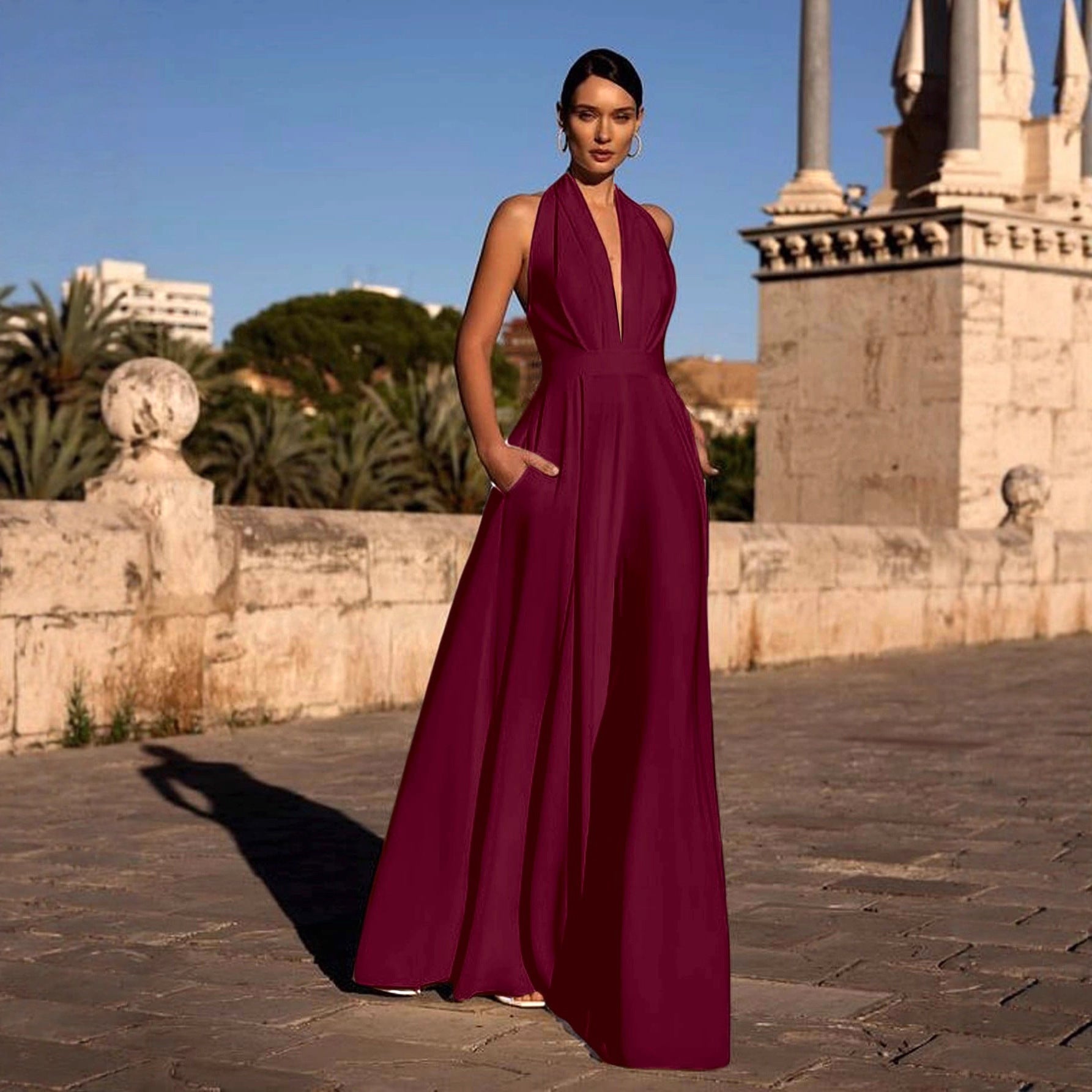 Elegant Halter V-Neck Wide Leg Jumpsuit with Pockets