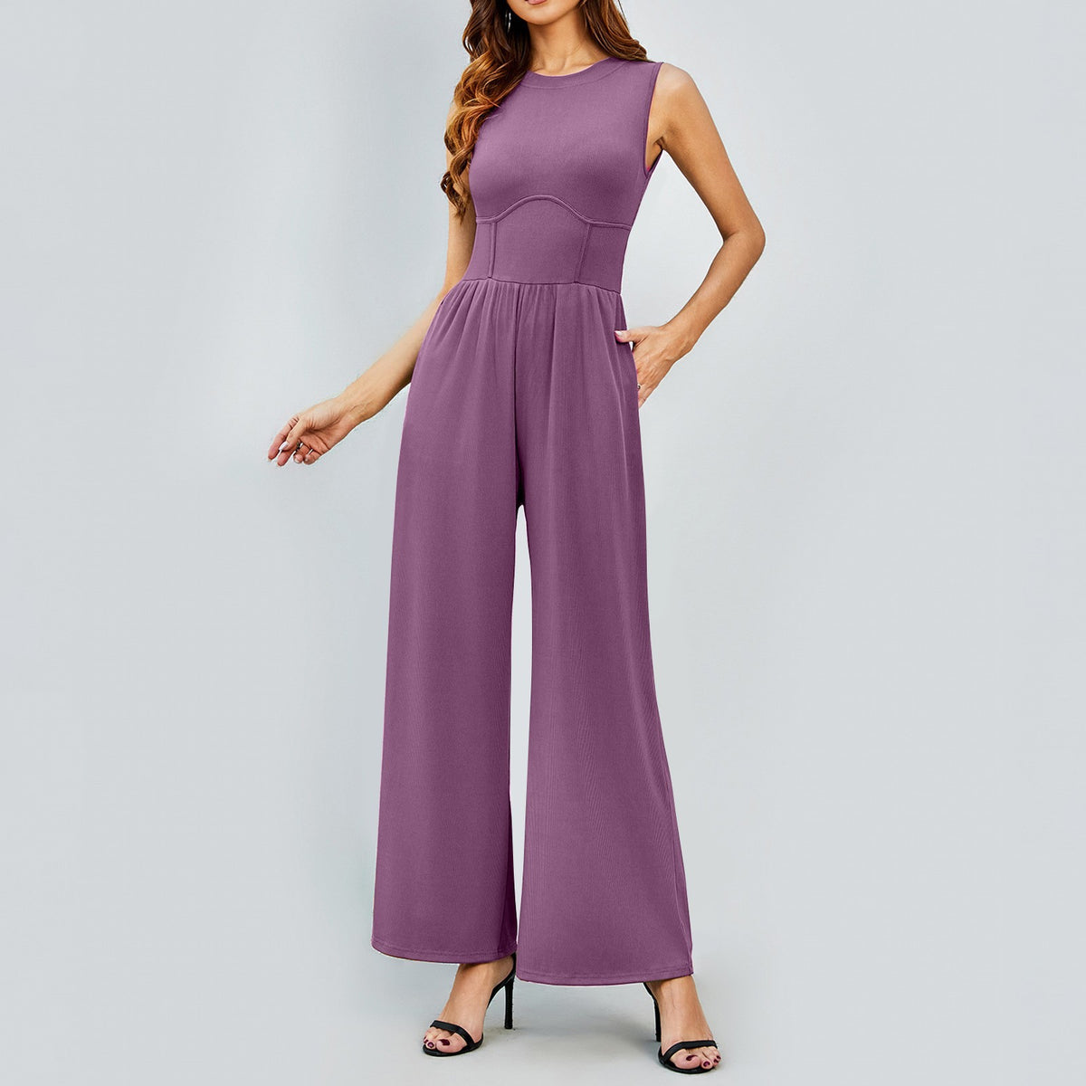 Womens Round-neck Solid-color Sleeveless Slim-fit Long Casual Jumpsuit