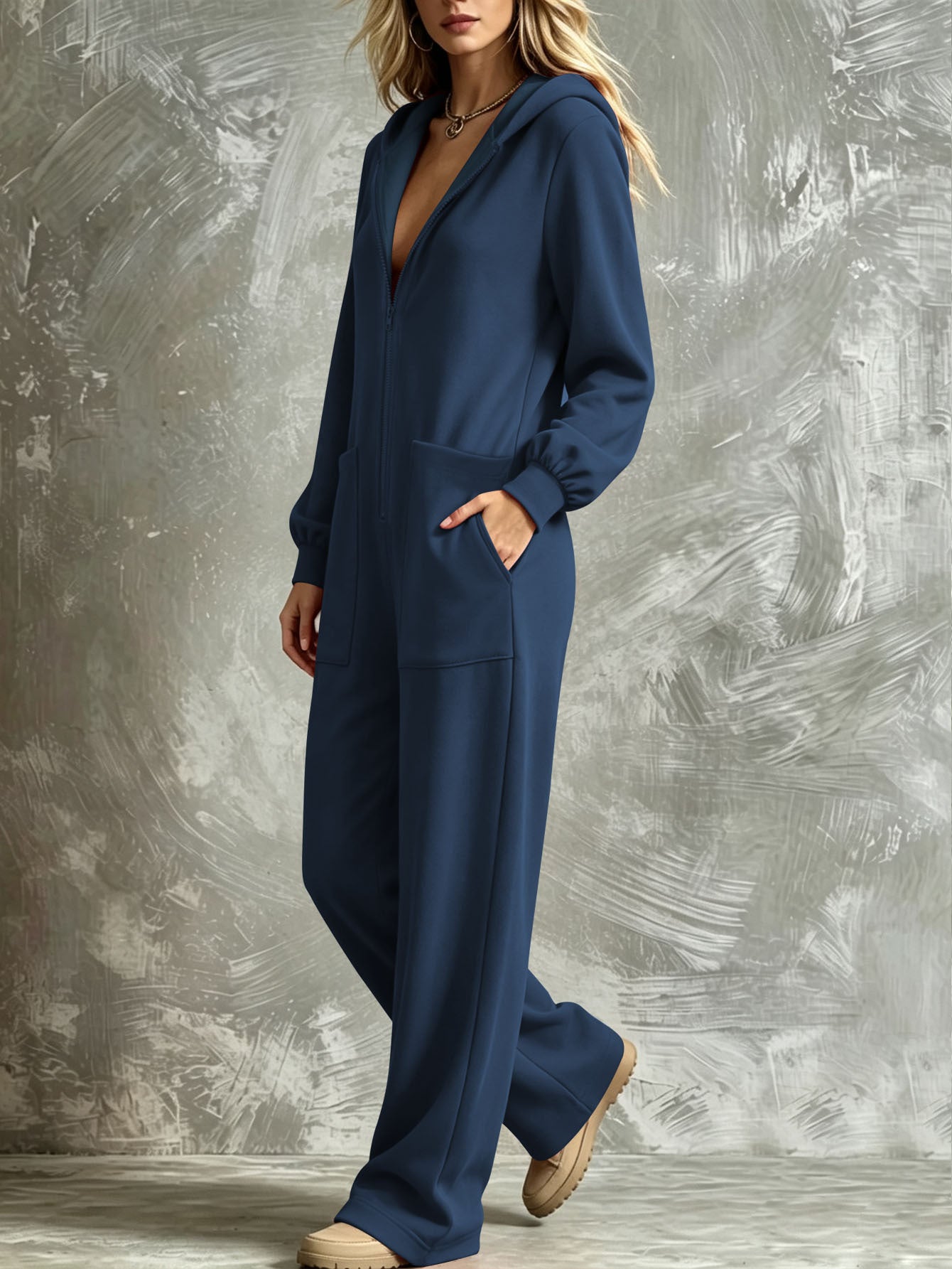 Women's Casual Hooded Full-Zip Wide-Leg Jumpsuit