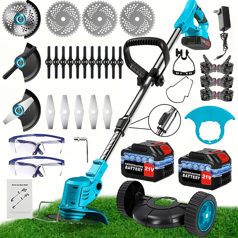 21V Cordless Handheld Multi‑Function Electric Lawn Mower with 2 Lithium Batteries and Triple Blade Set