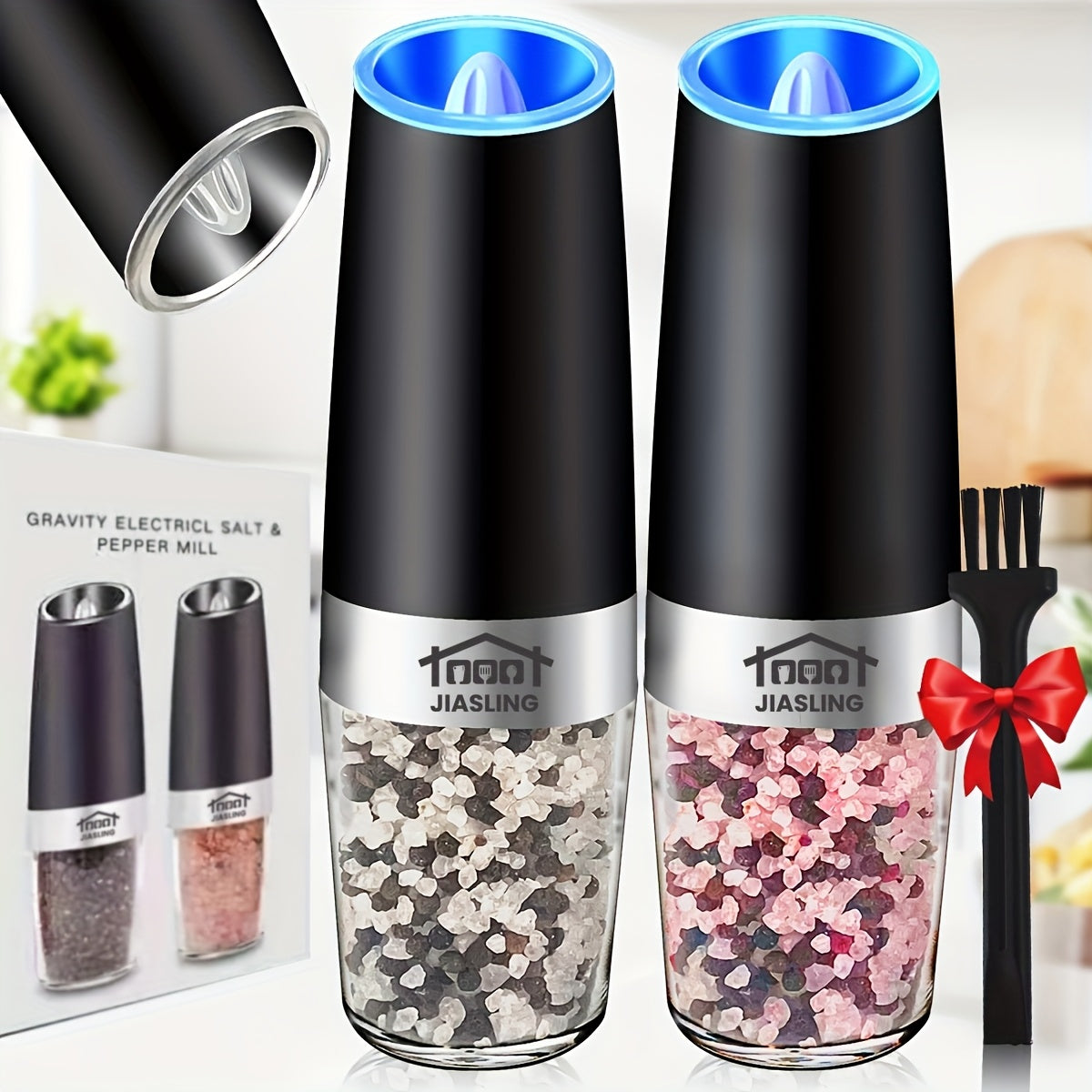2PCS Gravity-powered Electric Salt and Pepper Grinder Battery-powered LED Light One-handed Automatic Operation Adjustable Coarse Grinder Grinder Black Rocking Chair Creative Kitchen Gadget Gift...