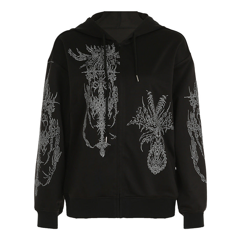Dark Y2K Zip-Up Hoodie Streetwear Abstract Print