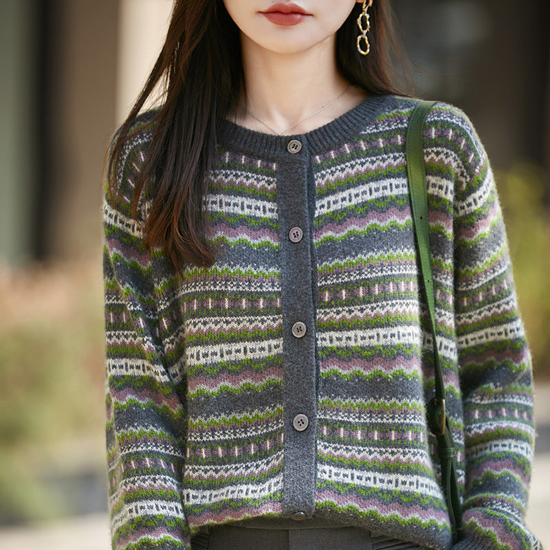 Womens Retro Jacquard Crew-neck Long-sleeve Sweater