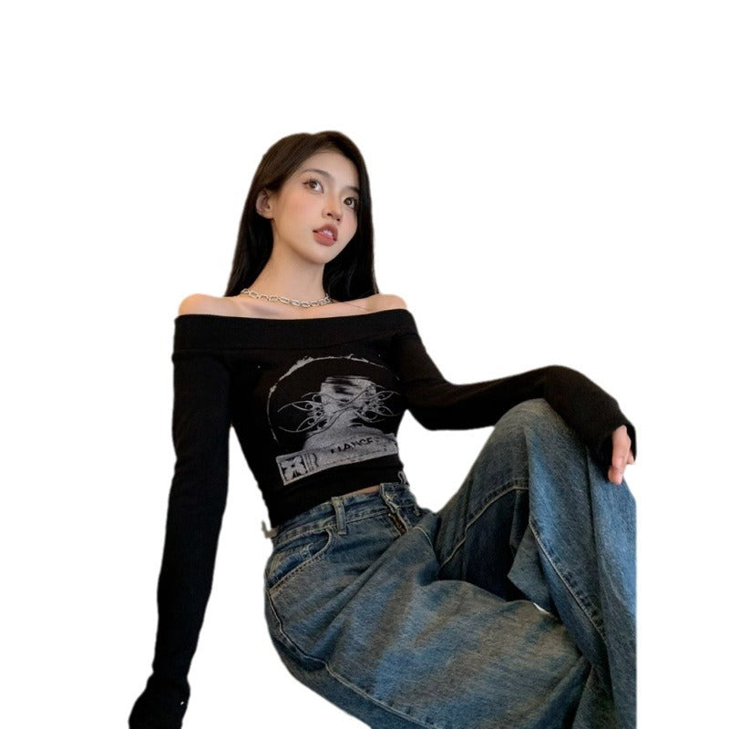 Women's Off-Shoulder Long Sleeve Slim Crop Top