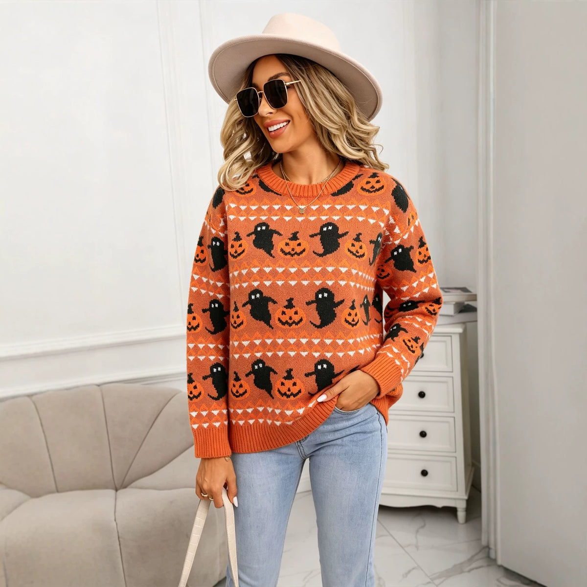 Womens Halloween Ghost Pumpkin Crew-neck Sweater