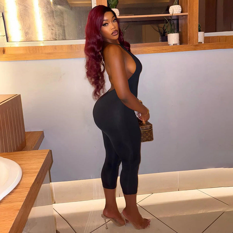 Solid-color Slim-fit Sexy Chic Halter Backless Tie-neck Cropped Jumpsuit