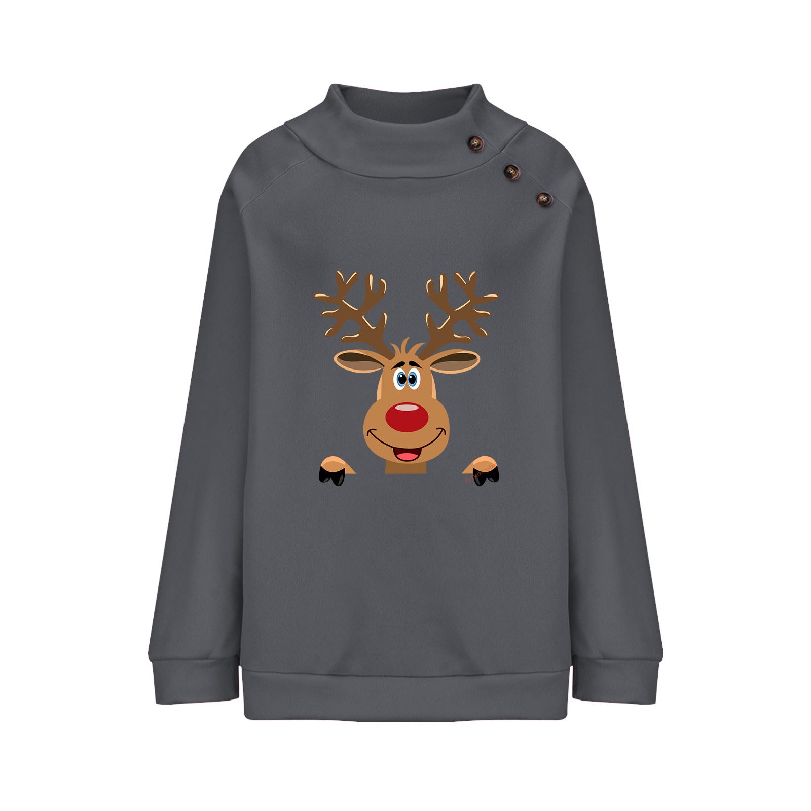 Deer Cartoon Turtleneck Buttons Loose Long Sleeve Sweatershirt Female