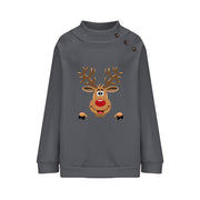Deer Cartoon Turtleneck Buttons Loose Long Sleeve Sweatershirt Female