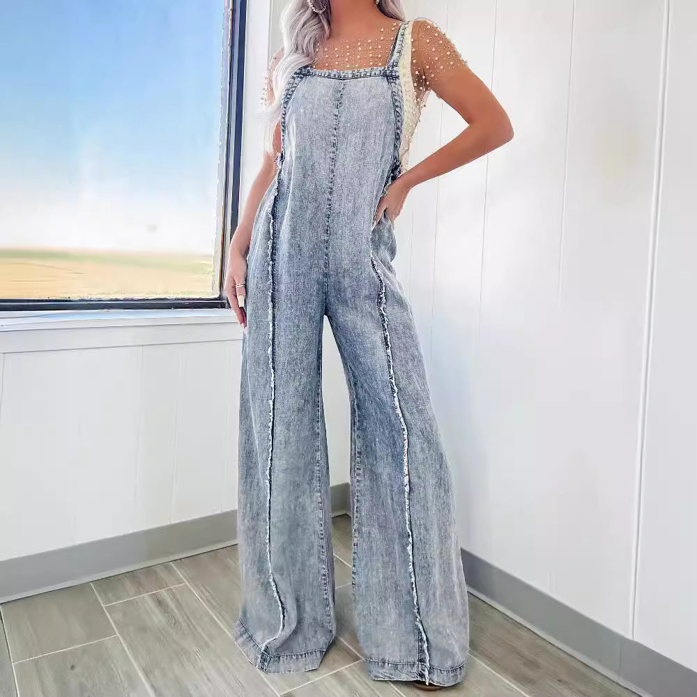 Retro Washed Raw Edge Denim Wide-leg Suspender Jumpsuit