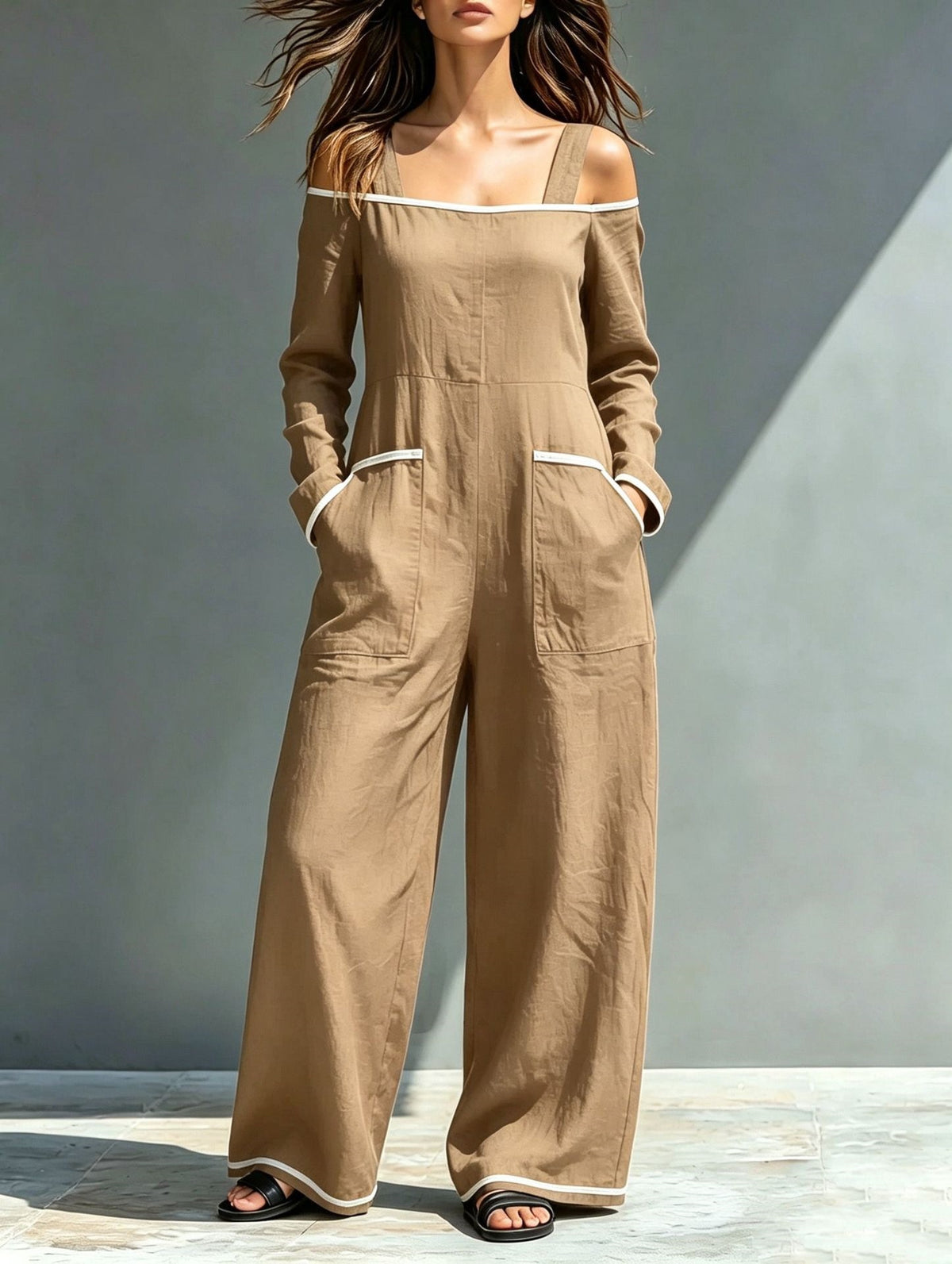 Summer Womens Fashionable Minimalist Long-Sleeve Casual Jumpsuit
