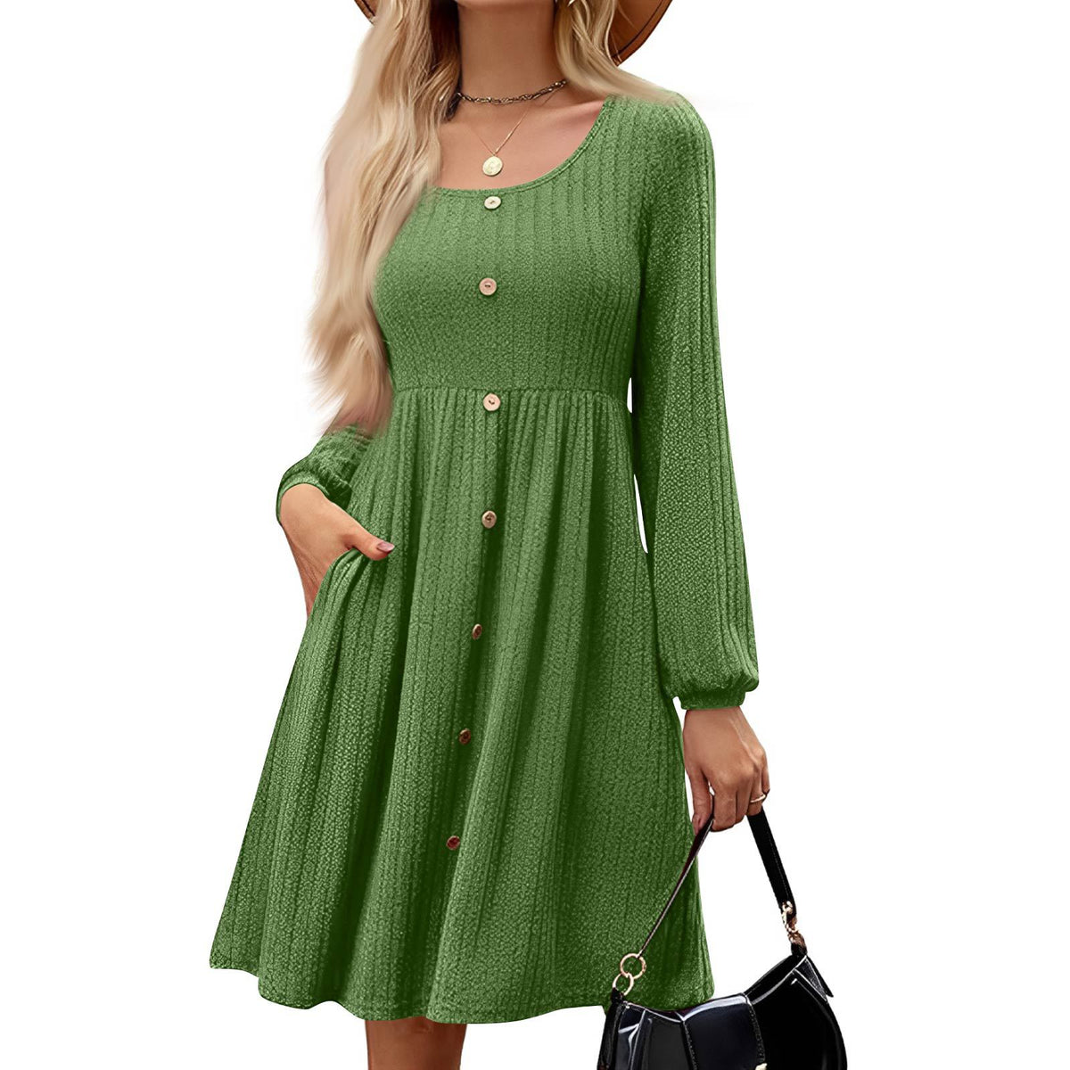 Fallwinter Round-neck Buttoned Pleated Dress