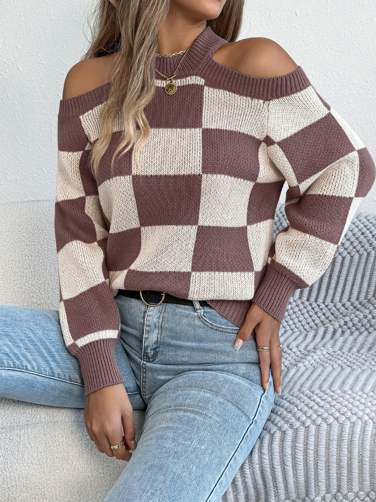 Women's Off-shoulder Color-blocked Plaid Lantern Sleeve Sweater