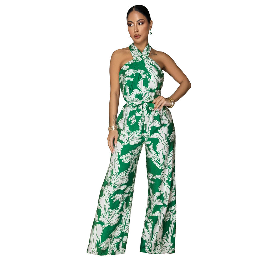 Women's Sexy Halter-Neck Printed Wide-Leg Jumpsuit