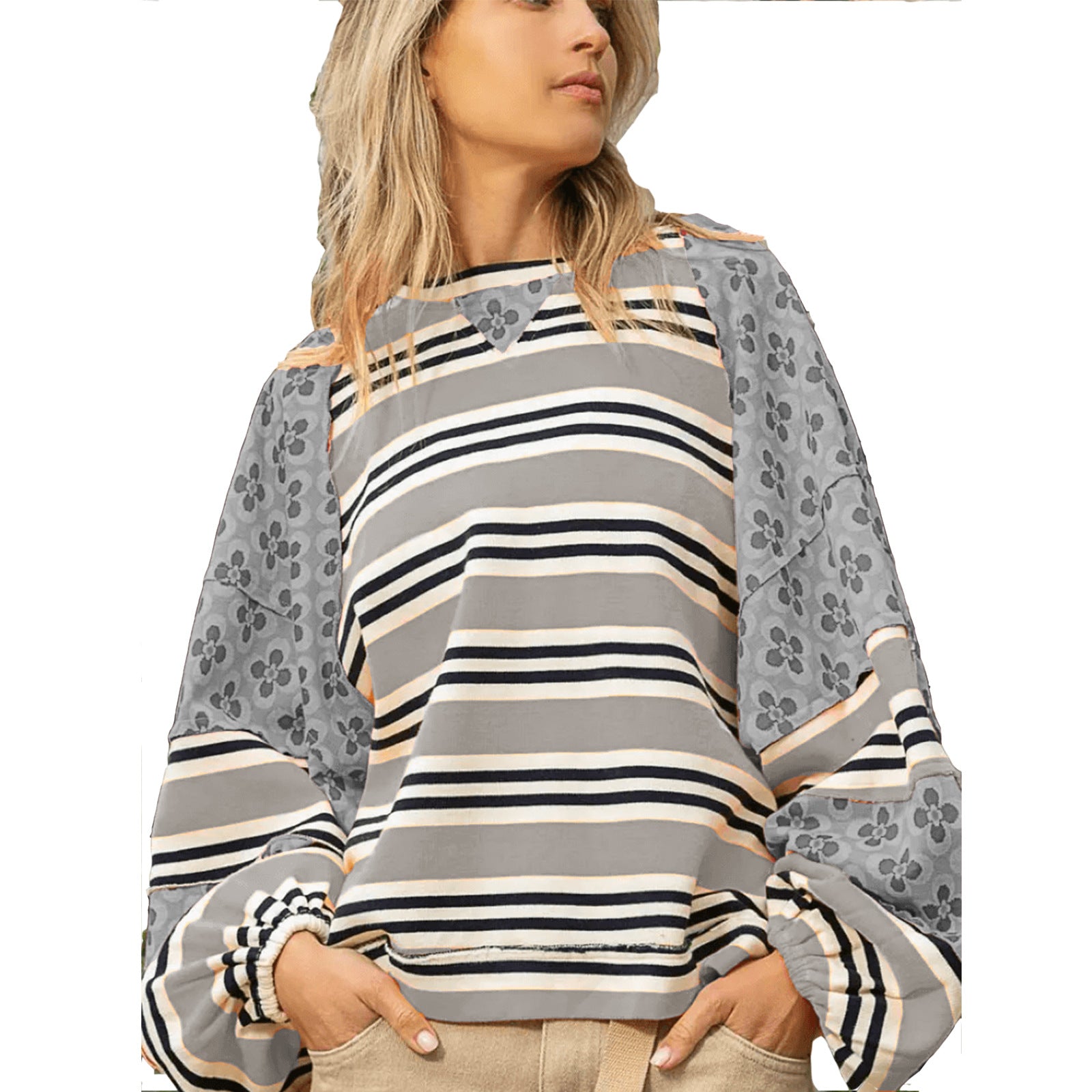 Women's Color Block Print Loose Long Sleeve Pullover Top