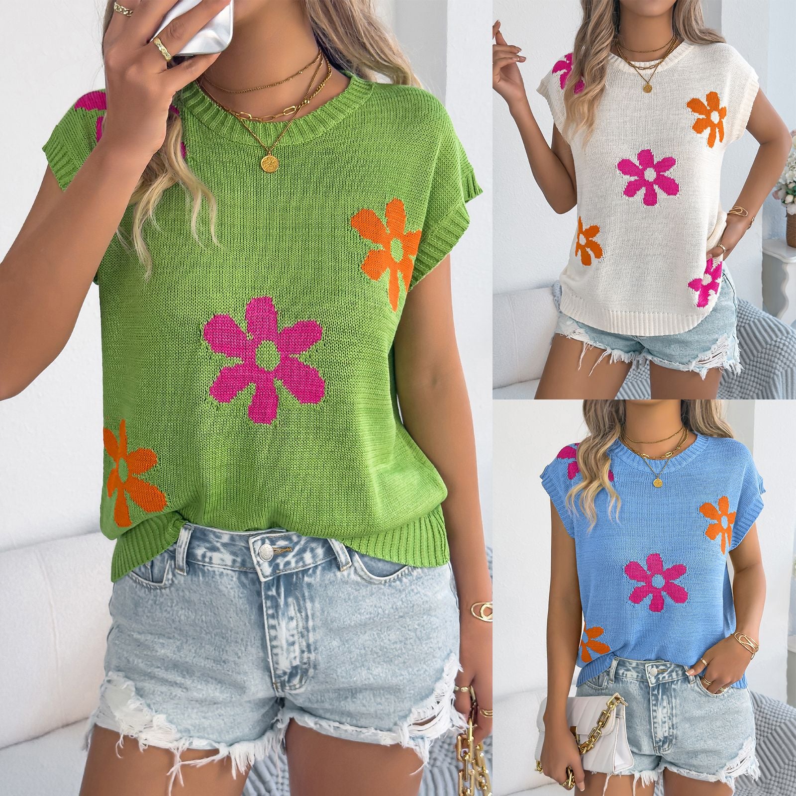 Floral Batwing Sleeve Knit Top – Loose, Casual & Stylish