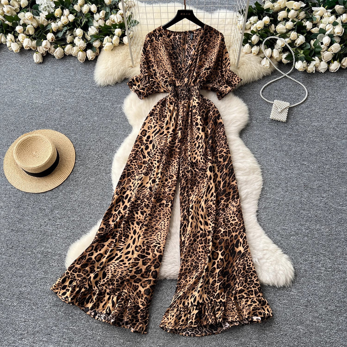 Chic V-Neck High-Waist Wide-Leg Printed Jumpsuit