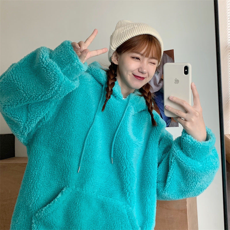 Women's Plus Size Plush Lambswool Hooded Sweater