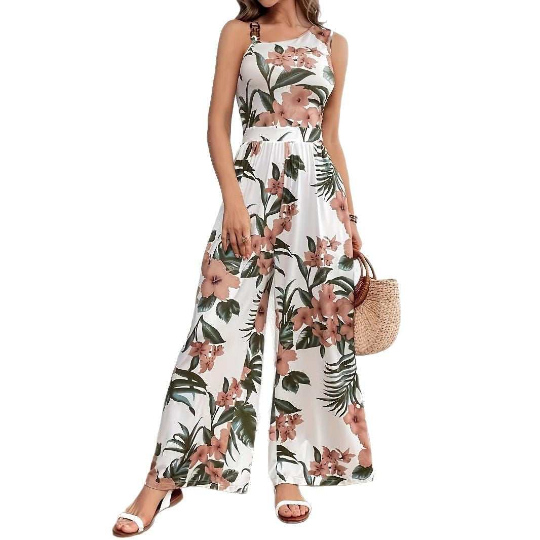 Floral Print Casual Wide-Leg Sleeveless Romper Jumpsuit
