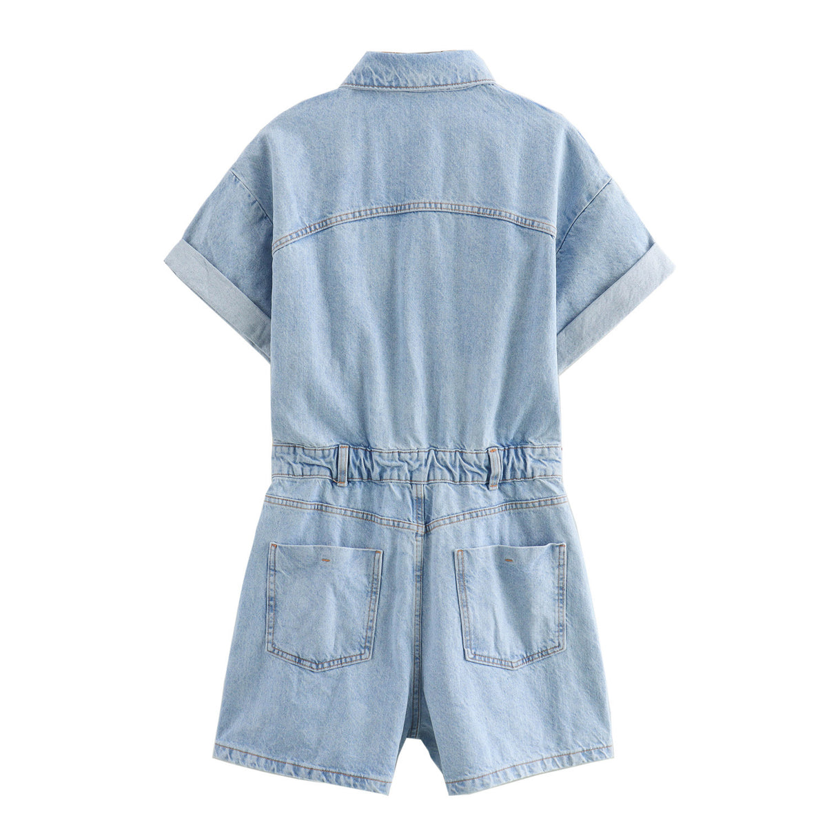 Lapel Multi-color Short Sleeve Denim Jumpsuit