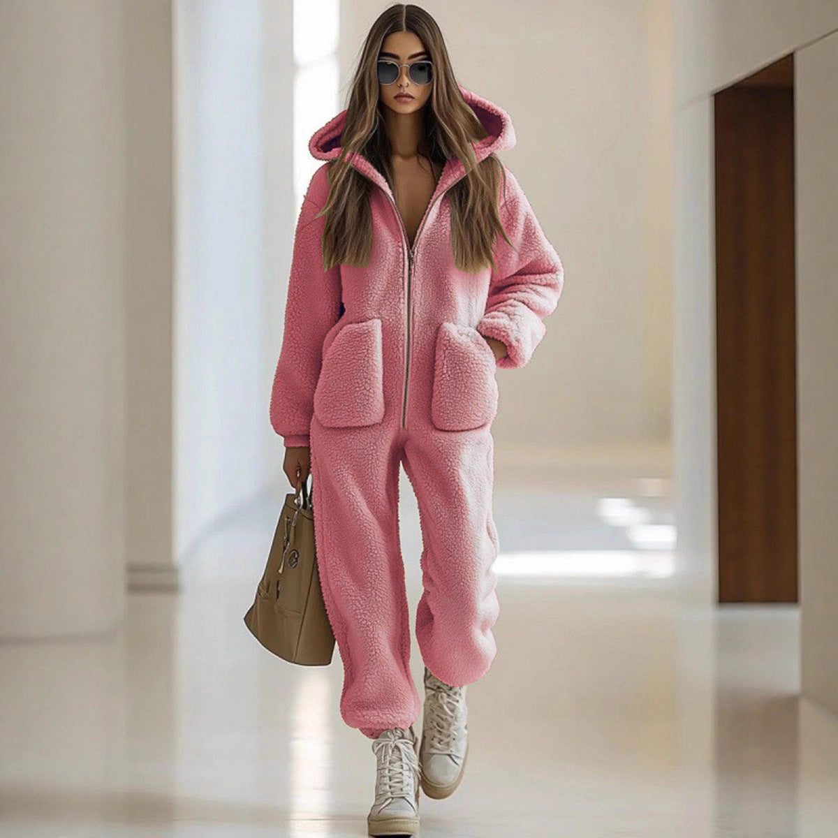 Plush Hooded Loose Straight Jumpsuit with Pockets