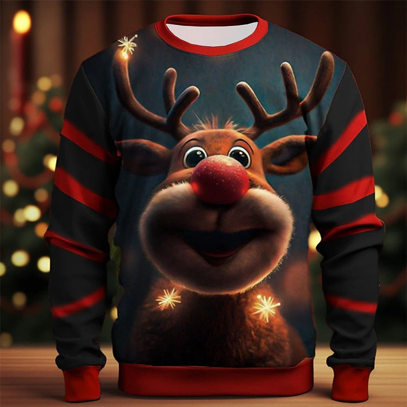 Festive Christmas Elk Print Crewneck Sweater